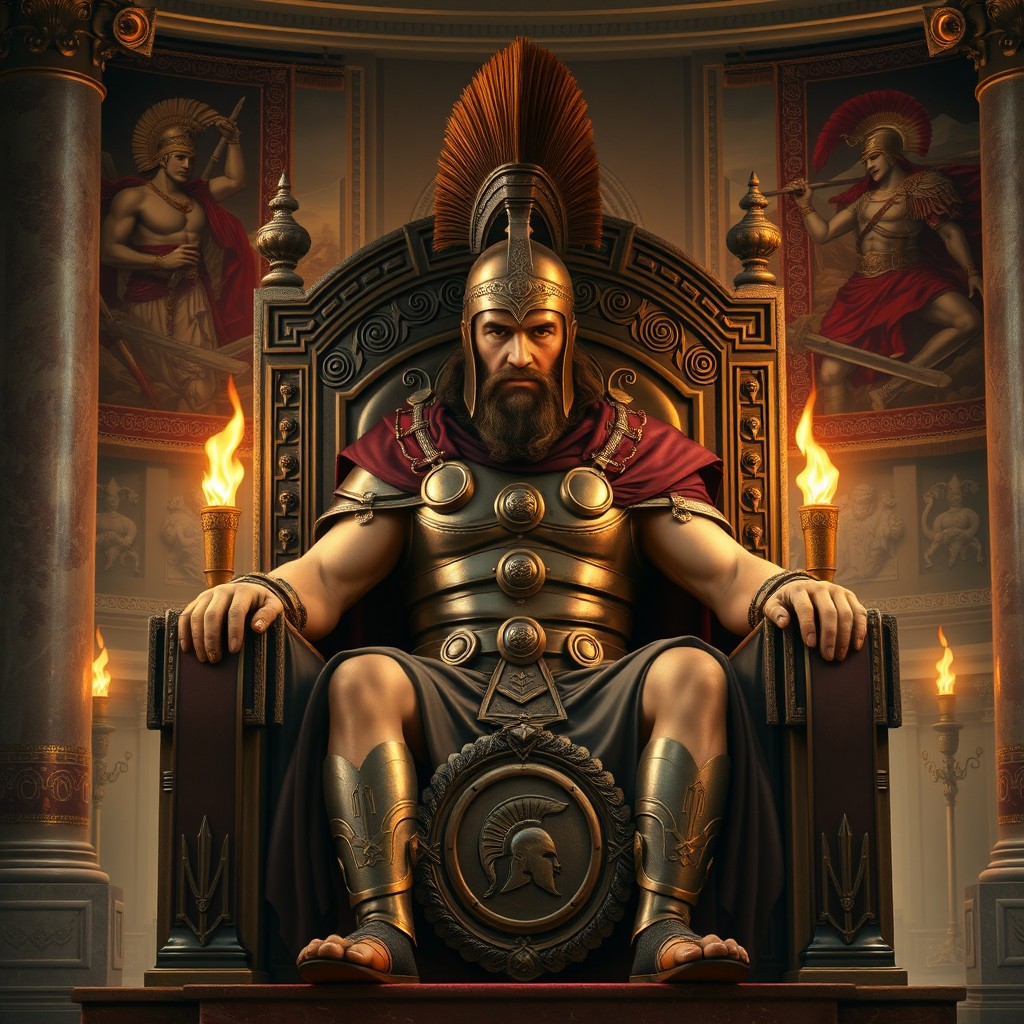 A powerful Spartan king seated on a grand, ornate throne, adorned in traditional Spartan armor with a bronze helmet featuring a prominent crest