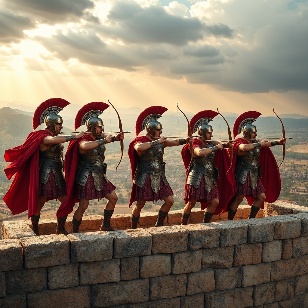 A group of fierce Spartan warriors standing resolutely at the top of a towering fortress wall, each wearing traditional Spartan armor and helmets, with distinct red capes billowing in the wind