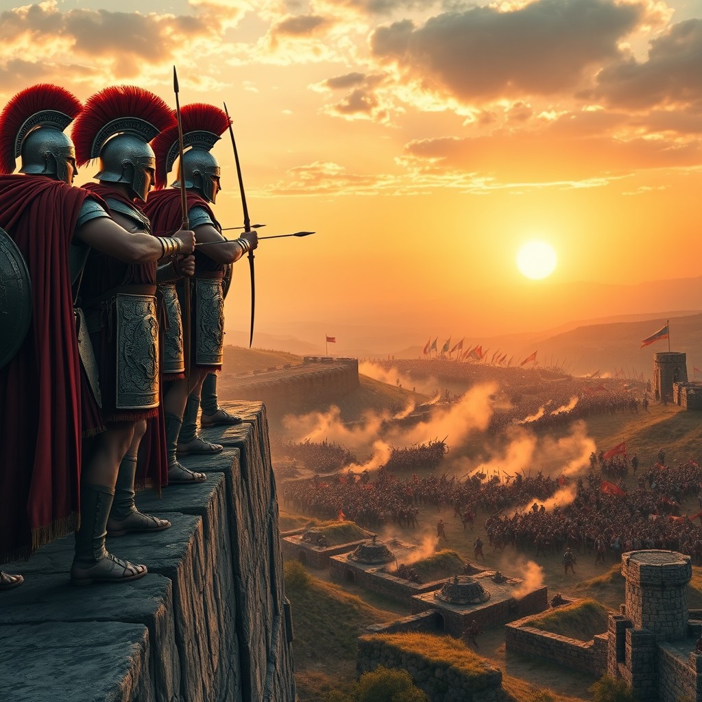 A side view of a group of Spartan warriors standing resolutely at the top of a fortress wall, overlooking an intense battlefield below