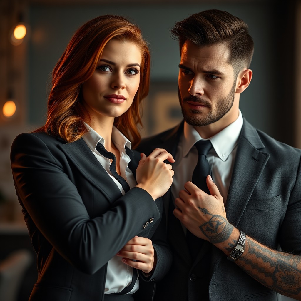 A close-up scene featuring a red-haired, beautiful professional woman in a stylish formal business suit, playfully pulling the tie of a ruggedly handsome, dark-haired, masculine CEO