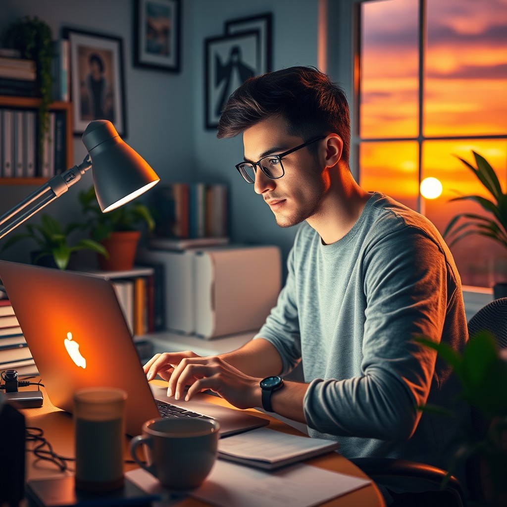 A focused young adult man coding on a laptop in a cozy home office surrounded by books and plants