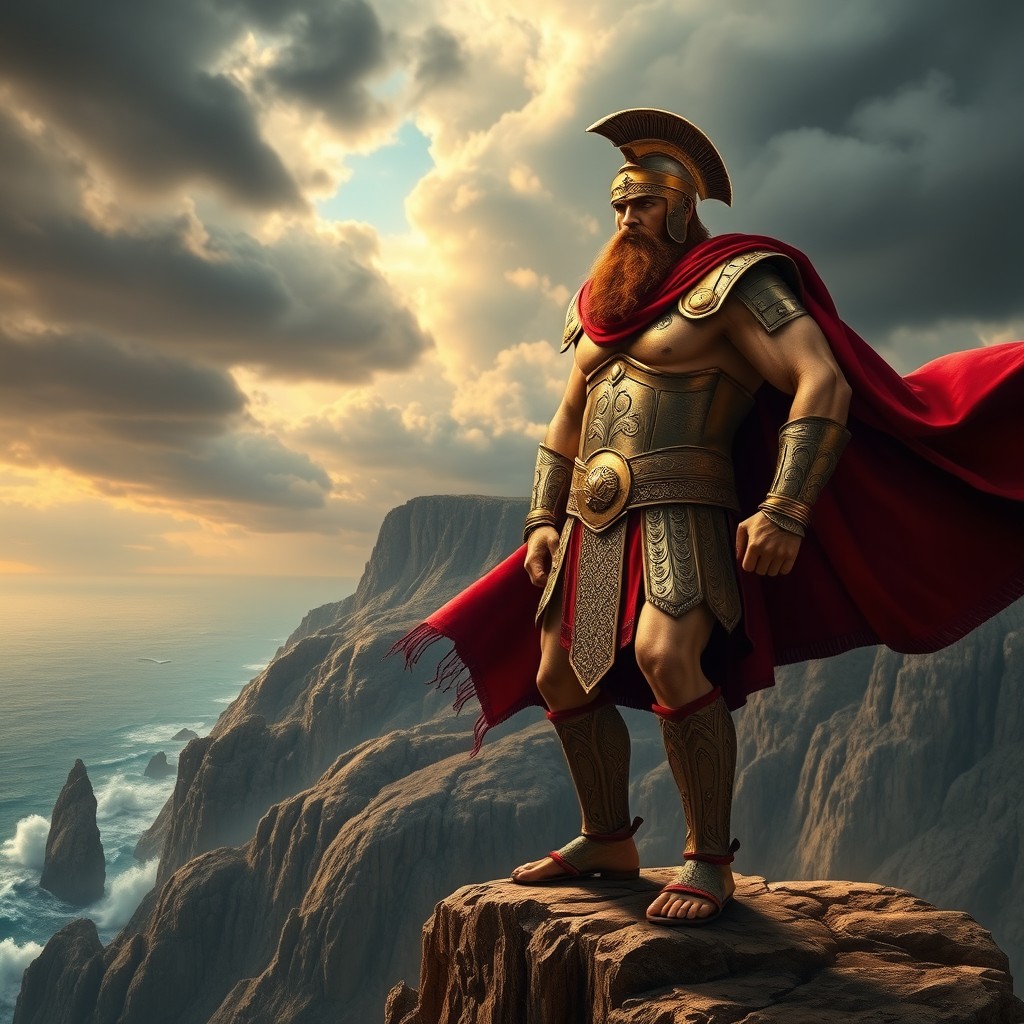 A majestic Spartan king standing powerful on the edge of a rugged cliff, overlooking a vast landscape