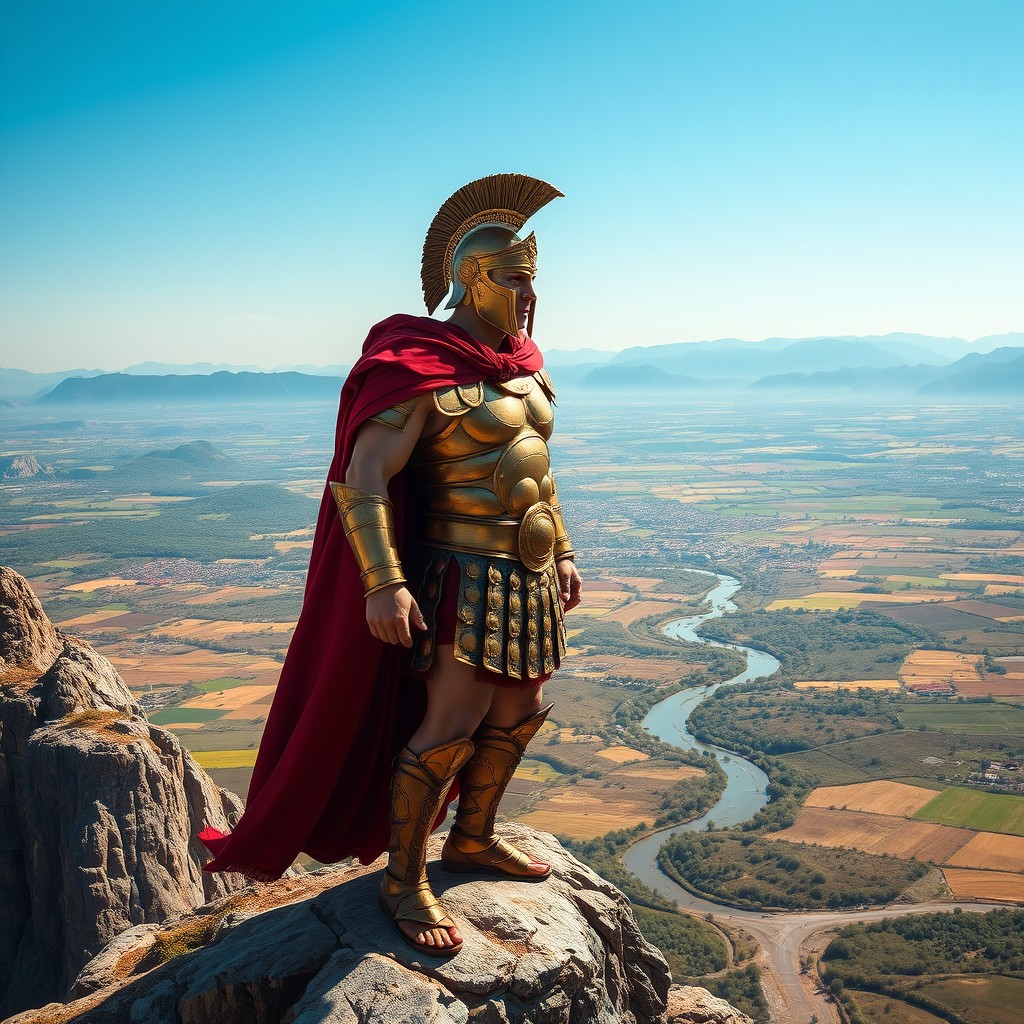 An ultra-realistic depiction of a Spartan king standing tall on a rocky cliff, overlooking a vast and vibrant kingdom below