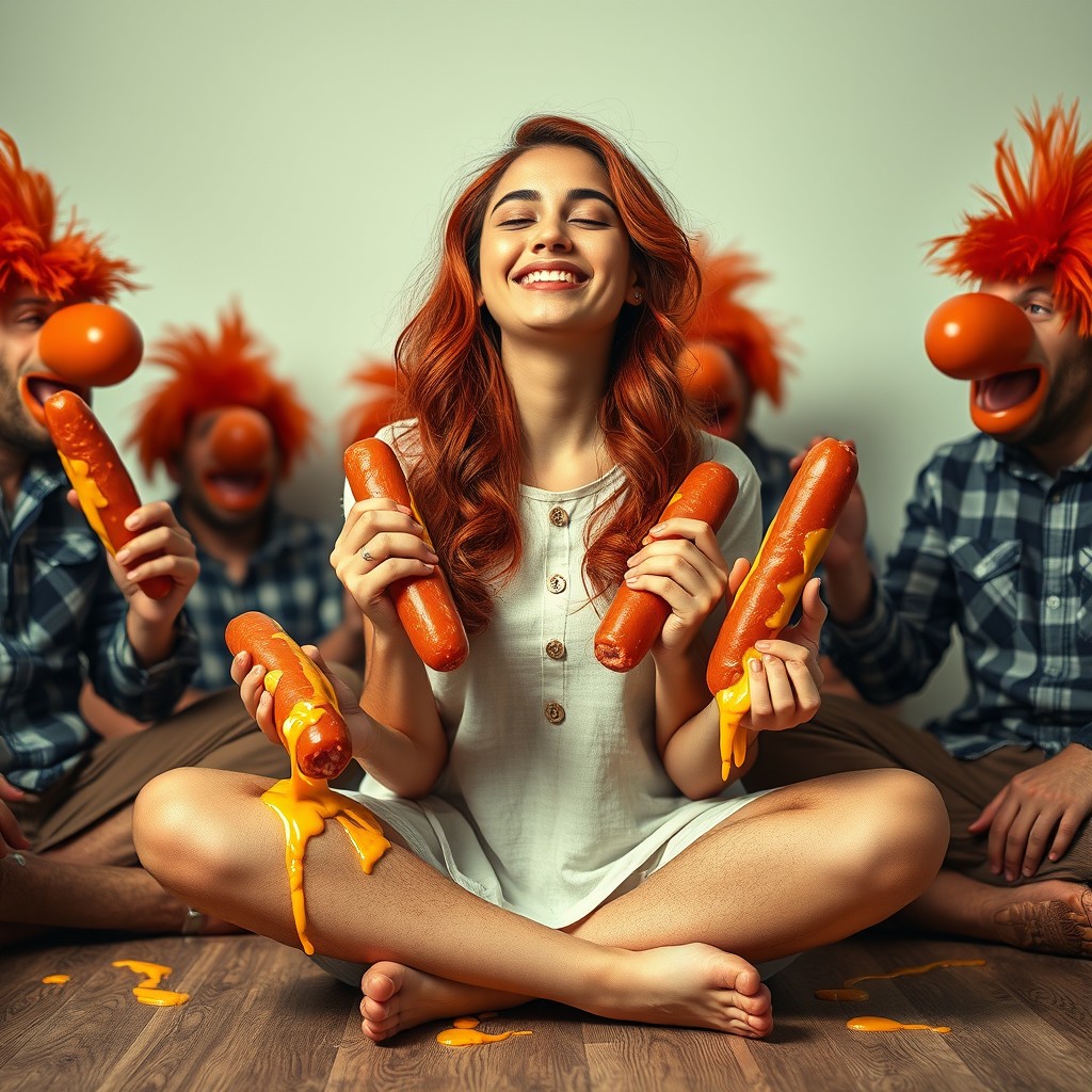 A young Pakistani woman, 18 years old, with vibrant red hair, sitting criss cross with a playful smile and her eyes closed