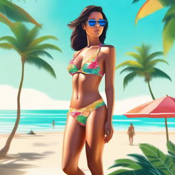 A high-quality digital art featuring a confident woman in a fashionable bikini