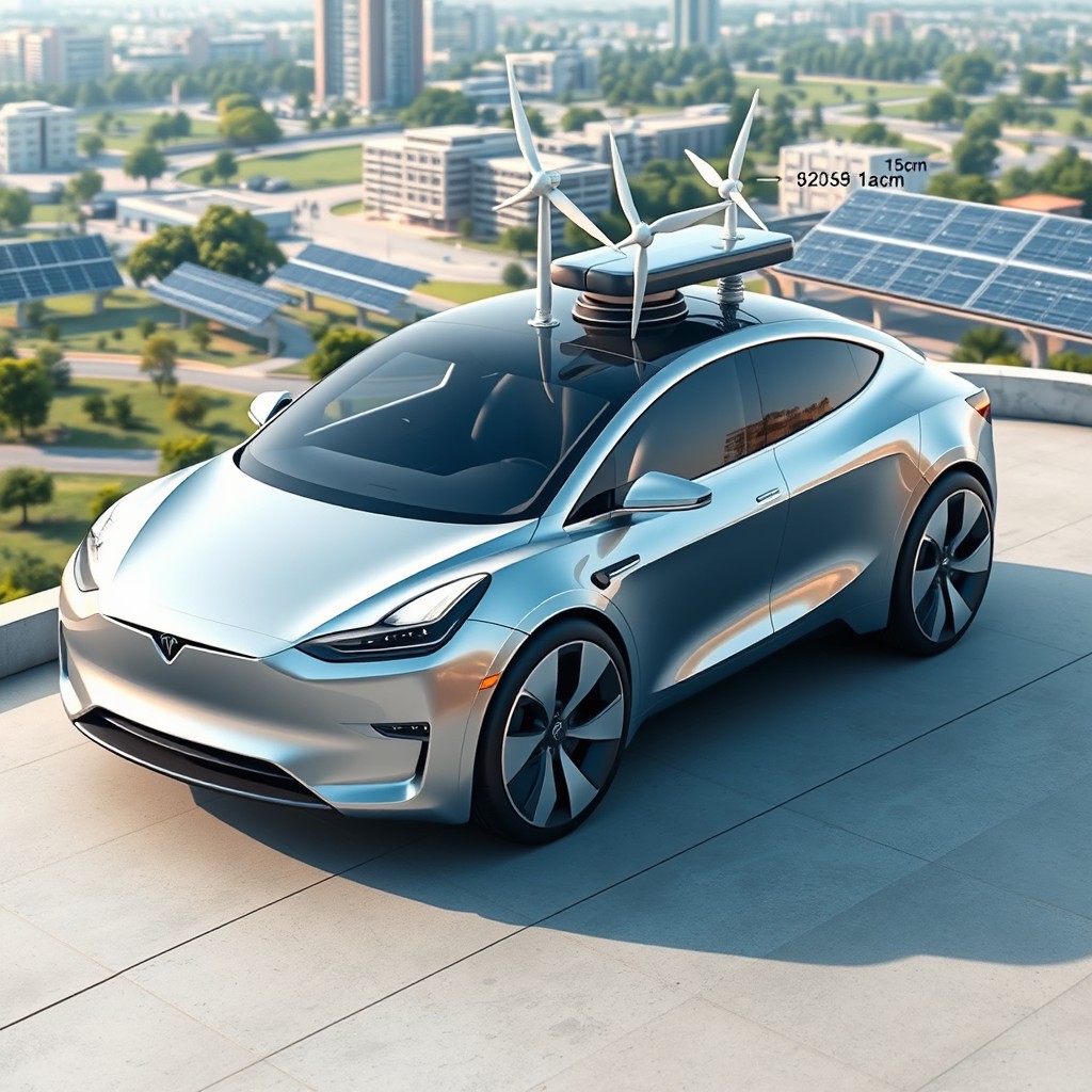 An innovative electric vehicle resembling a Tesla, featuring a sleek, aerodynamic design with smooth curves and a modern aesthetic