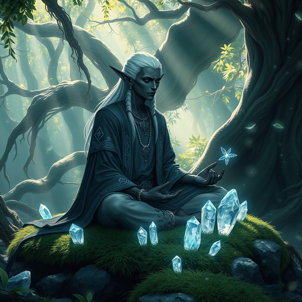 A serene male drow elf meditating in a tranquil forest setting