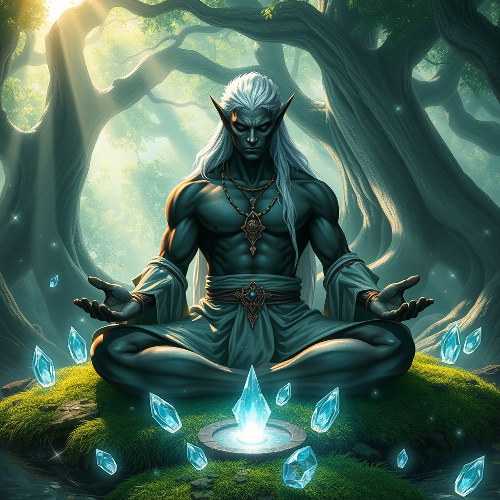 A muscular male drow elf meditating in a tranquil forest setting
