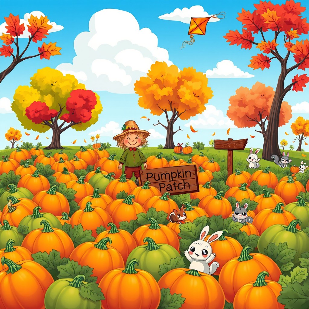A vibrant cartoon scene depicting a lively pumpkin patch filled with various sizes of pumpkins in different shades of orange and green
