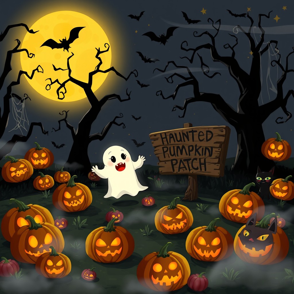 A spooky cartoon scene of a Halloween pumpkin patch at night, illuminated by a glowing full moon
