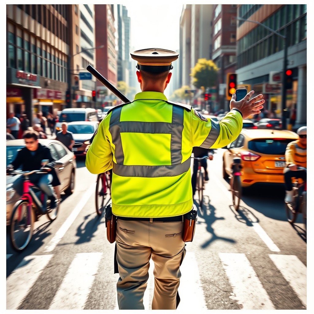 An action-packed scene depicting a traffic enforcer in the midst of directing traffic, with no face visible