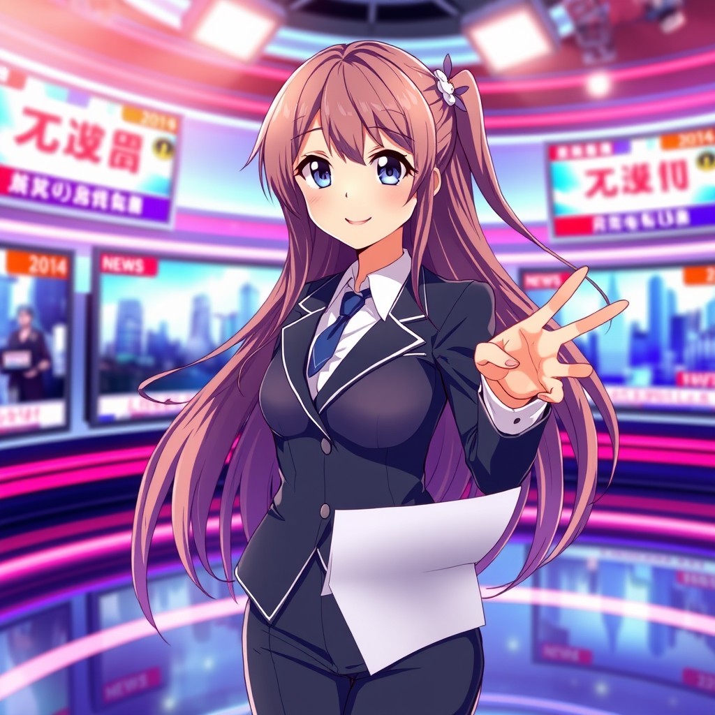 A beautiful anime girl as a news presenter, wearing a stylish professional outfit, with long flowing hair, bright expressive eyes, and a confident smile