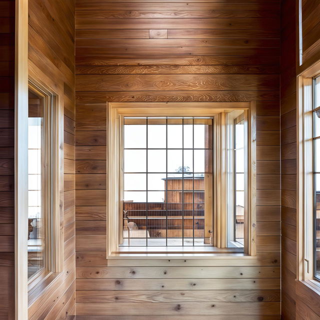 A high-quality photograph of an interior room with timber walls and a window framed by a white-painted architrave