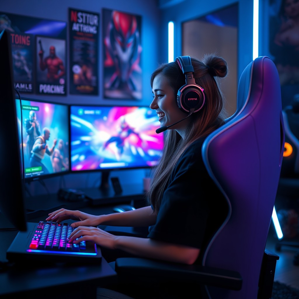 A talented female gamer sitting in a high-end gaming chair, wearing a stylish gaming headset