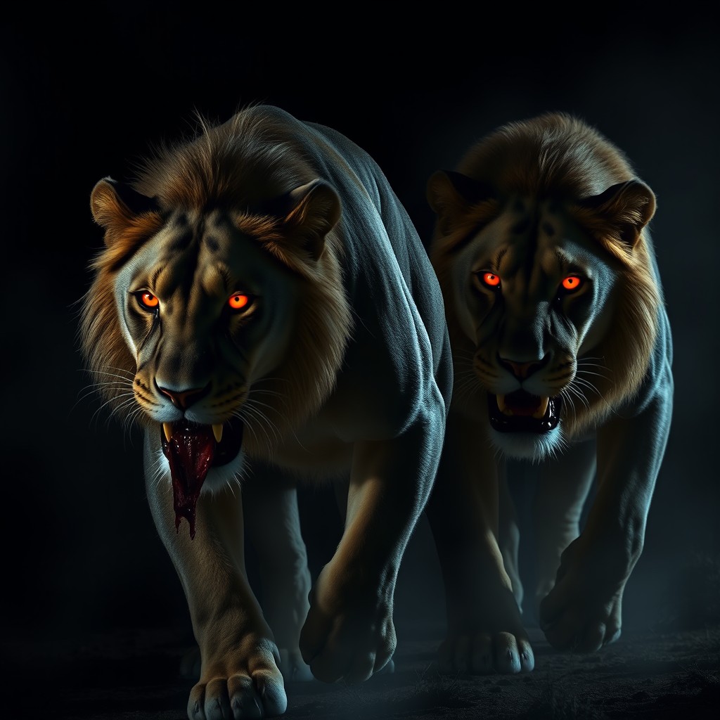 A very realistic scene depicting two African lions at night, with their eyes glowing a striking reddish hue
