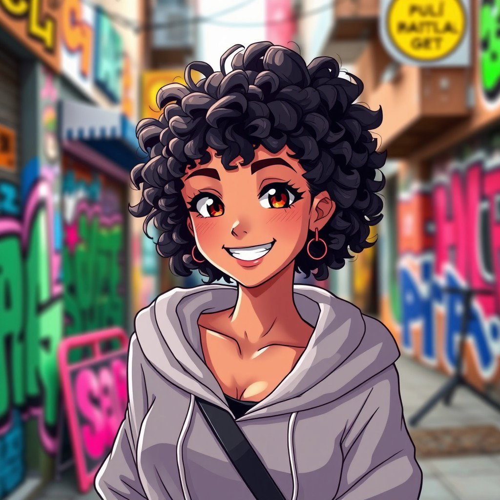 An anime-style Latina girl with gorgeous tanned skin and beautiful black curly hair