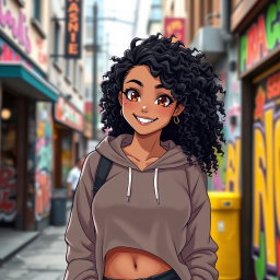 An anime-style Latina girl with gorgeous tanned skin and beautiful black curly hair