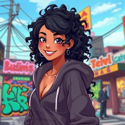An anime-style Latina girl with gorgeous tanned skin and beautiful black curly hair