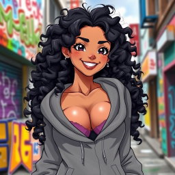 An anime-style Latina girl with gorgeous tanned skin and beautiful black curly hair