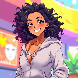 An anime Latina girl with tanned skin and beautiful black curly hair, exuding a confident charm