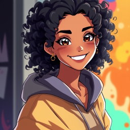 An anime Latina girl with tanned skin and beautiful black curly hair, exuding a confident charm