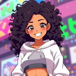 An anime Latina girl with tanned skin and beautiful black curly hair, exuding a confident charm