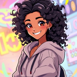 An anime Latina girl with tanned skin and beautiful black curly hair, exuding a confident charm
