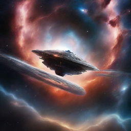 A breathtaking interstellar scene featuring a vast, star-filled expanse. A spaceship, fashioned in advanced technology, hurtles through a stunning wormhole, with vibrant nebulae and distant galaxies forming a surreal backdrop.