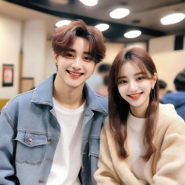 Lee Know from K-pop band Stray Kids, in a friendly and respectful pose with an unidentified female companion, perhaps a close friend, with smiles on their faces under soft, warm lighting.