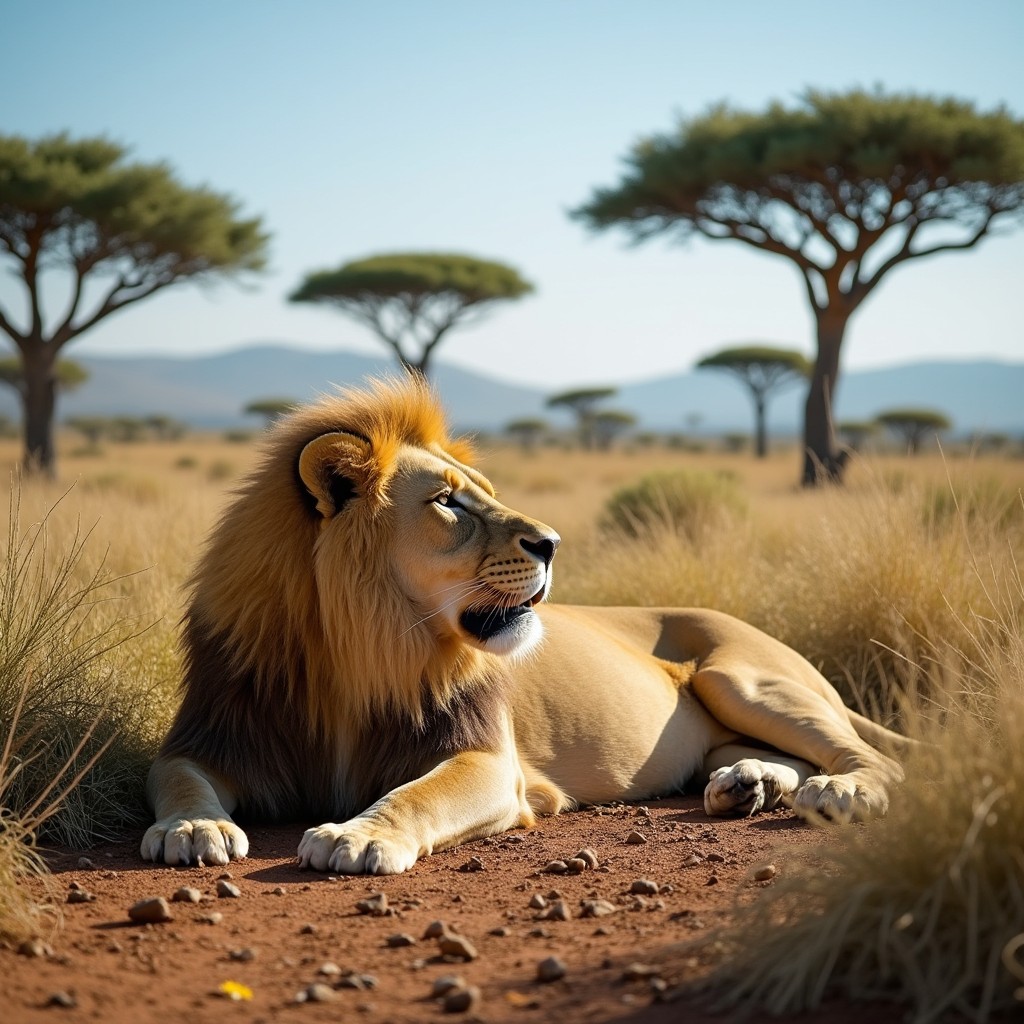 A majestic lion lying dead in the African wilderness, surrounded by tall grasses and sparse acacia trees