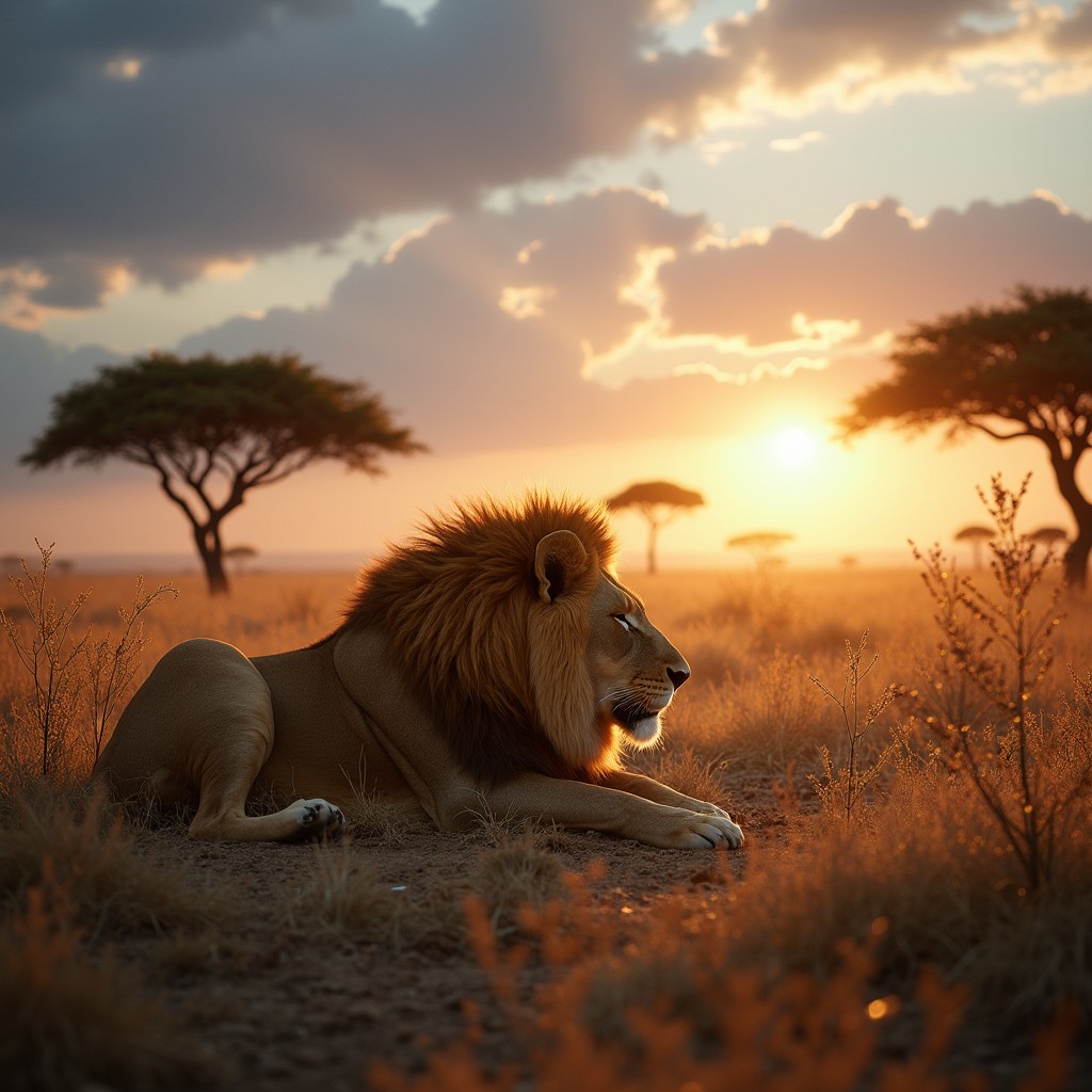 A serene scene of a lion lying asleep in the African wilderness, bathed in the soft, golden light of the rising sun