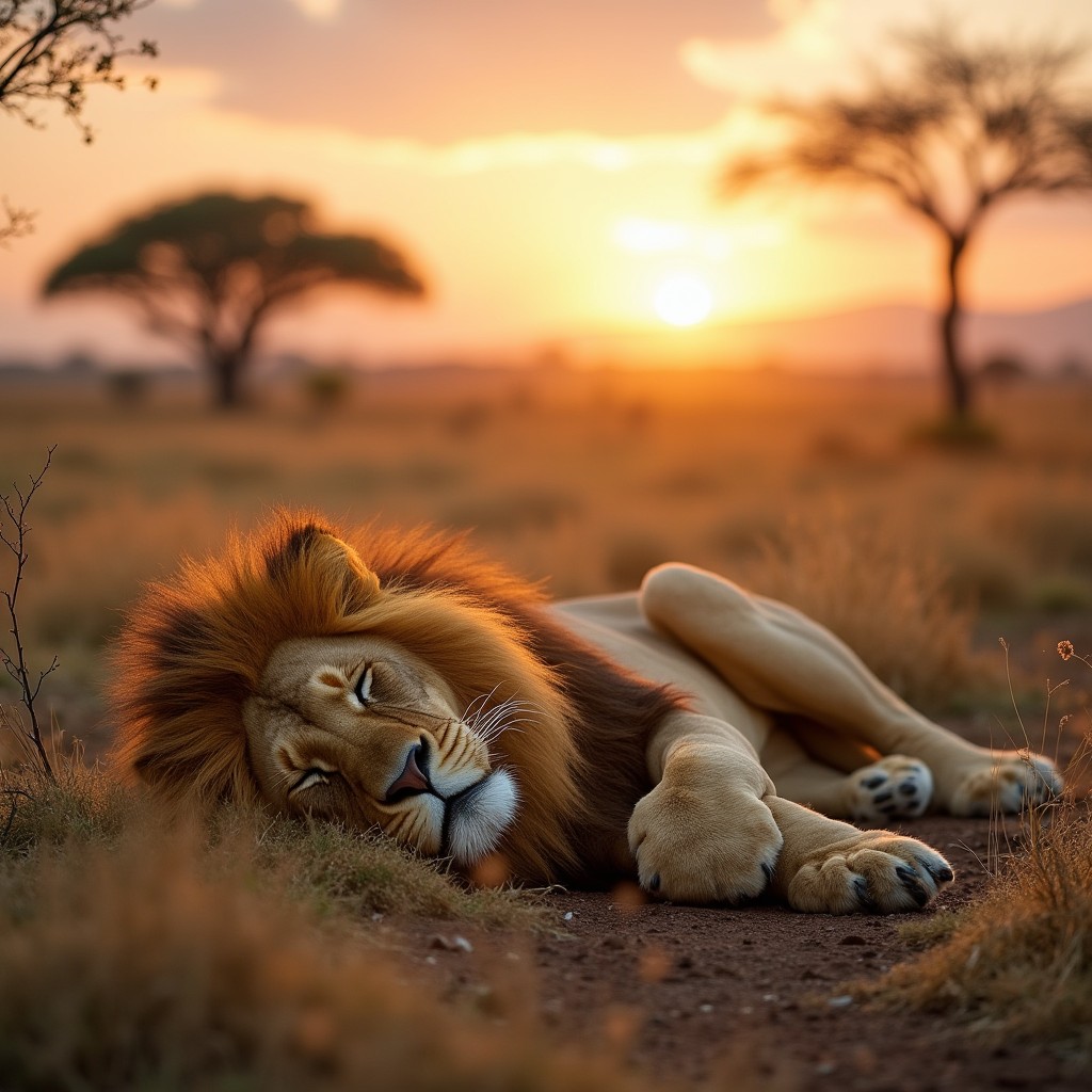 A lion lying asleep with its head resting on its paws in the African wilderness, bathed in the warm glow of the early morning sun
