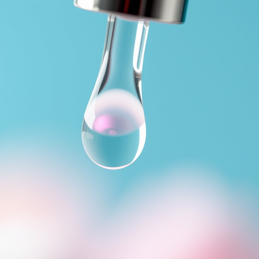 Close-up macro of a serum dropper with a crystal-clear liquid drop suspended at the tip, emphasizing a sense of hydration and glow