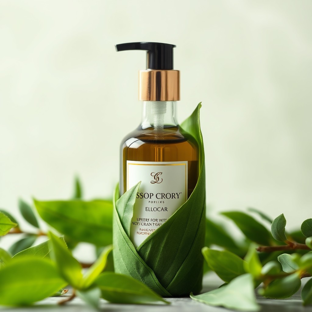 A product shot of a luxurious skincare bottle elegantly wrapped with fresh green leaves, embodying an eco-conscious style