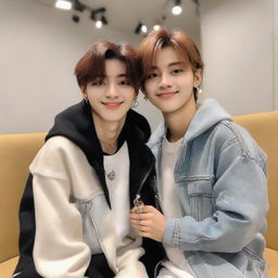 Lee Know from K-pop band Stray Kids, in a friendly and respectful pose with an unidentified female companion, perhaps a close friend, with smiles on their faces under soft, warm lighting.