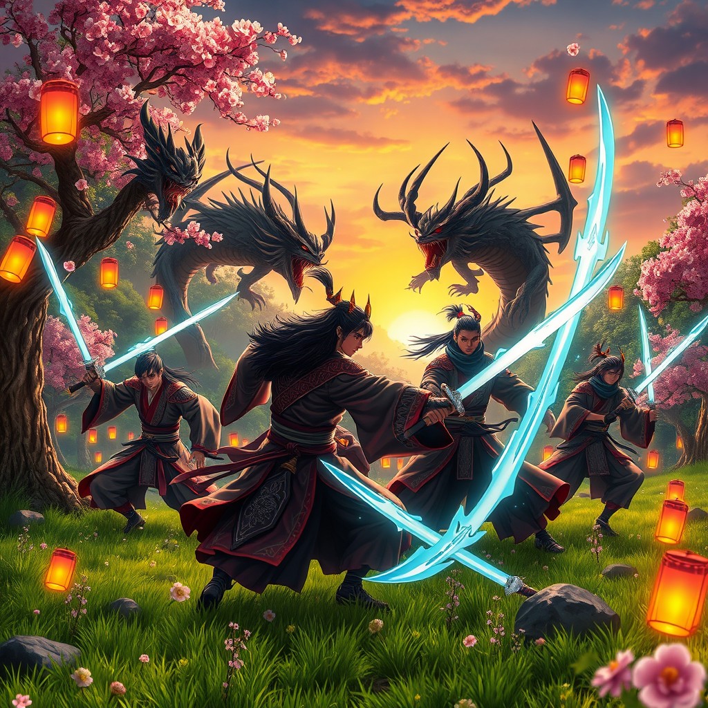 A breathtaking scene inspired by fantasy anime, featuring a group of warriors engaged in a fierce battle against demons in a vibrant forest setting