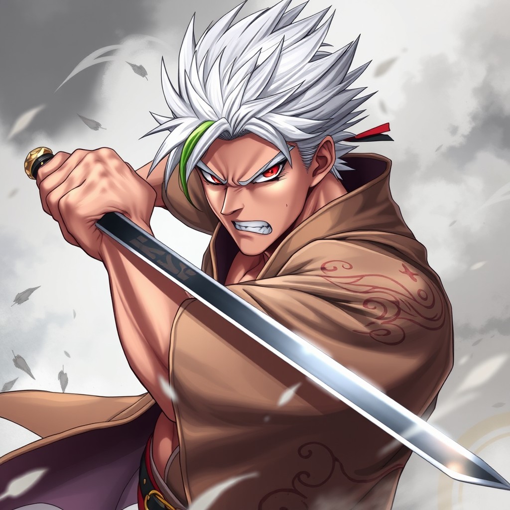 An intense portrait of Sanemi Shinazugawa from Demon Slayer, showcasing his fierce expression and striking features