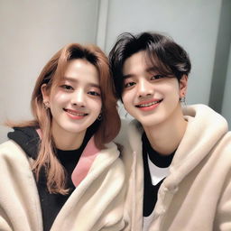 Lee Know from K-pop band Stray Kids, in a friendly and respectful pose with an unidentified female companion, perhaps a close friend, with smiles on their faces under soft, warm lighting.