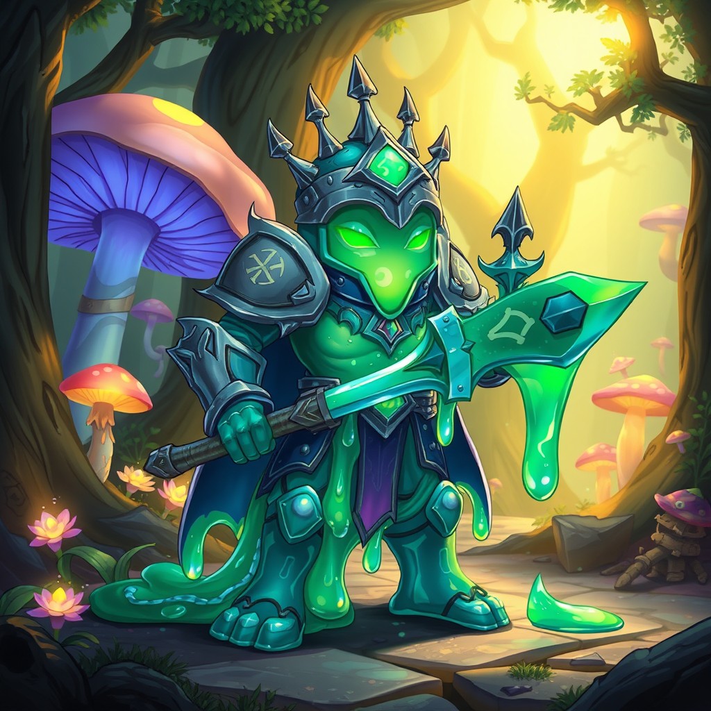 A fantasy-themed illustration of a Slime Knight, a unique character with a jelly-like, translucent body that shimmers in shades of green and blue
