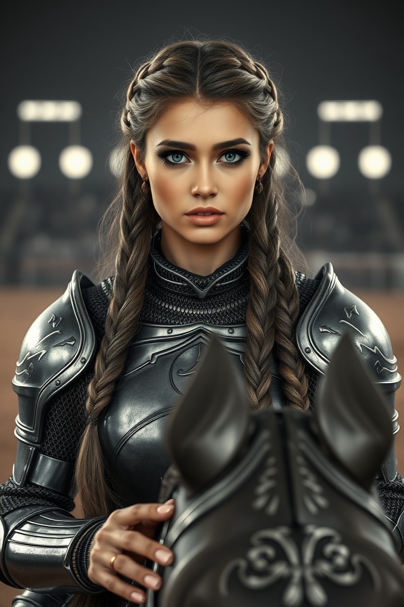 A professional black and white aged photograph from 1958 showcasing a stunning young woman embodying the essence of a knight