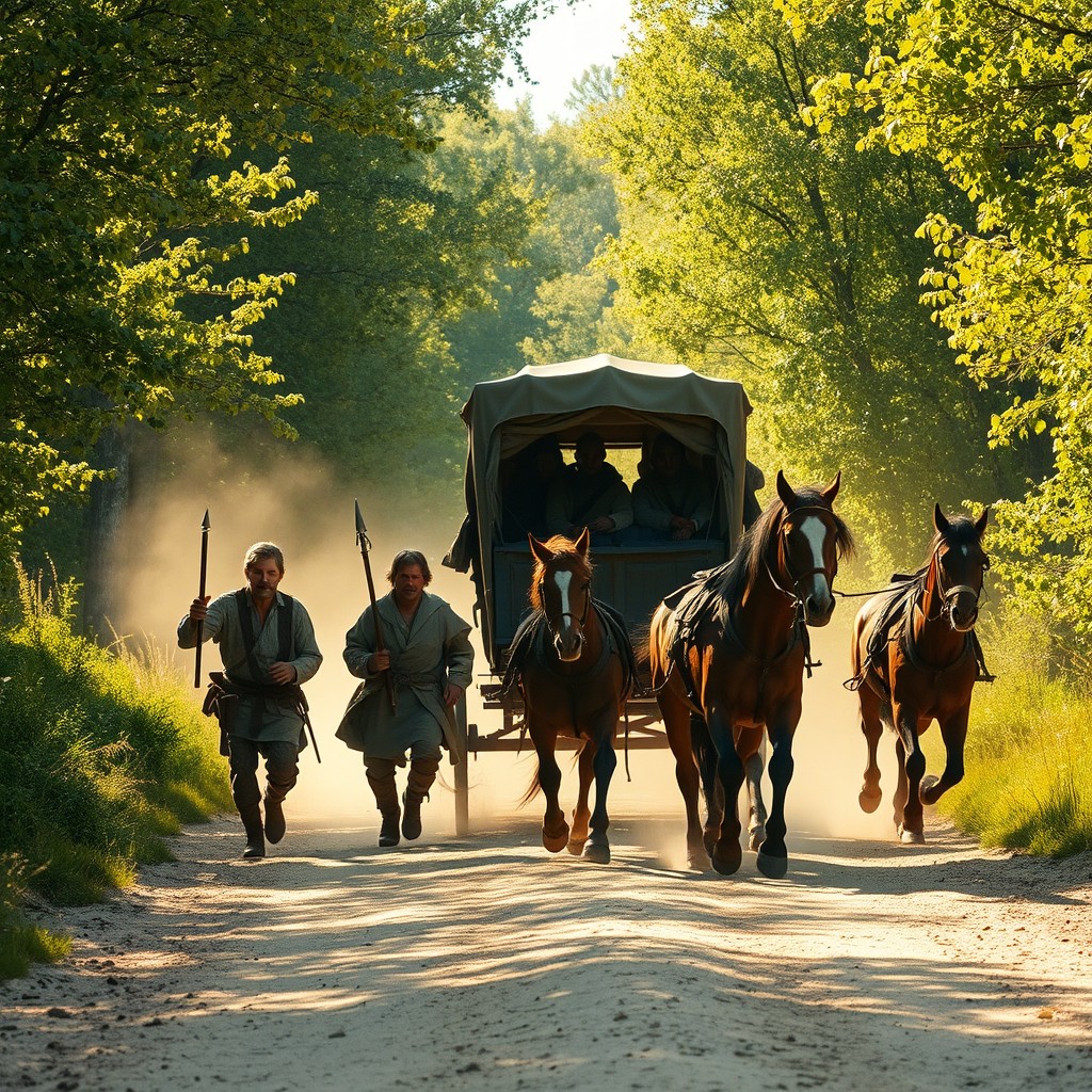 A cinematic medieval scene featuring a modest closed carriage traveling down a sandy road in the midst of a lush summer forest