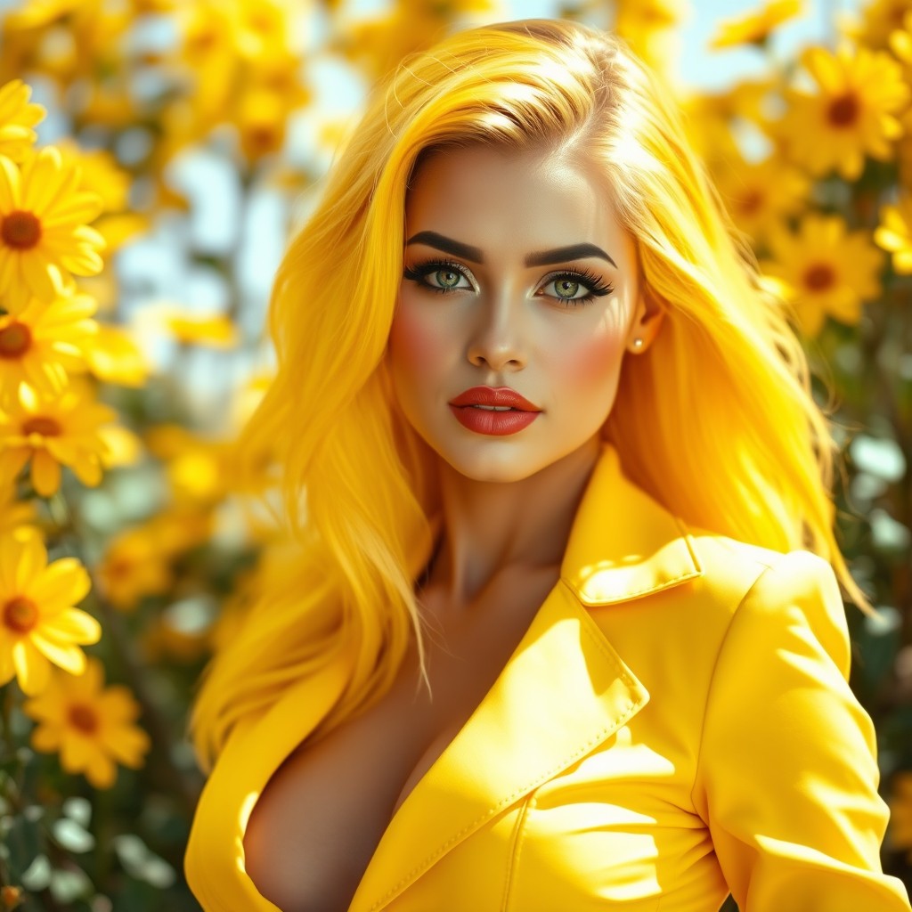 A striking portrait of an attractive woman with vibrant yellow hair, radiating confidence and allure