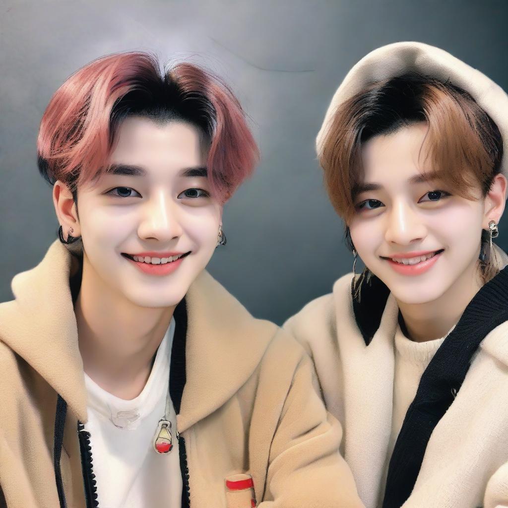 Lee Know from K-pop band Stray Kids, in a friendly and respectful pose with an unidentified female companion, perhaps a close friend, with smiles on their faces under soft, warm lighting.