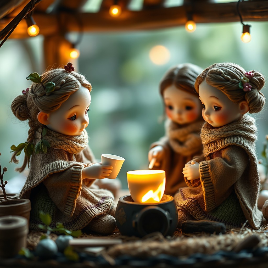 A charming scene featuring miniature people, 15–30 cm tall, with delicate and petite bodies, subtle facial features, and almond-shaped eyes