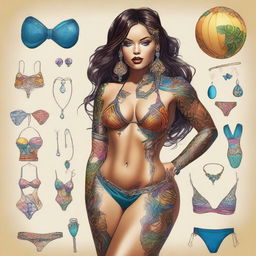 This is a high-quality digital art piece that portrays a striking woman in a bikini, adorned with seven distinct items