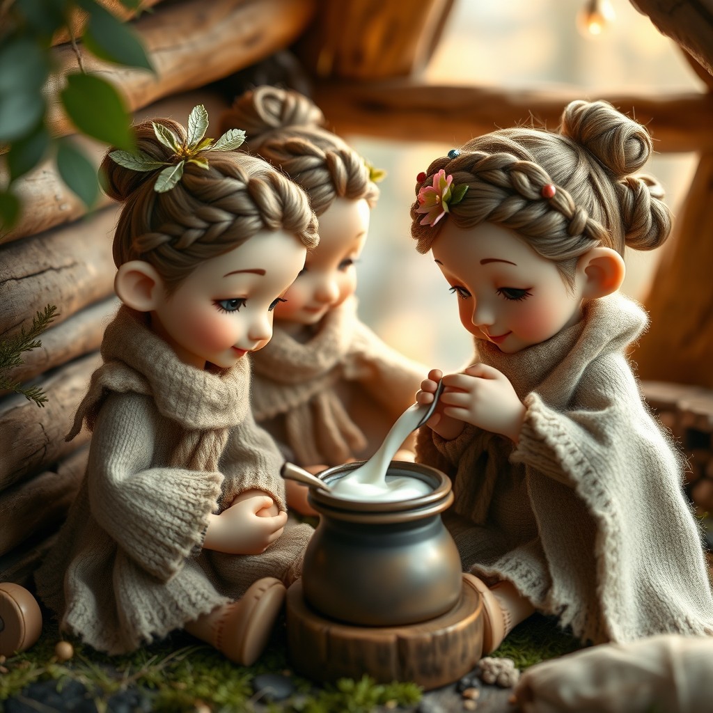 A heartwarming scene featuring tiny human figures, each 15-30 cm tall, with delicate, expressive faces, almond-shaped eyes, and small upturned noses