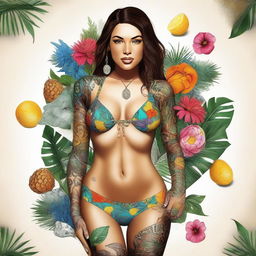 This is a high-quality digital art piece that portrays a striking woman in a bikini, adorned with seven distinct items