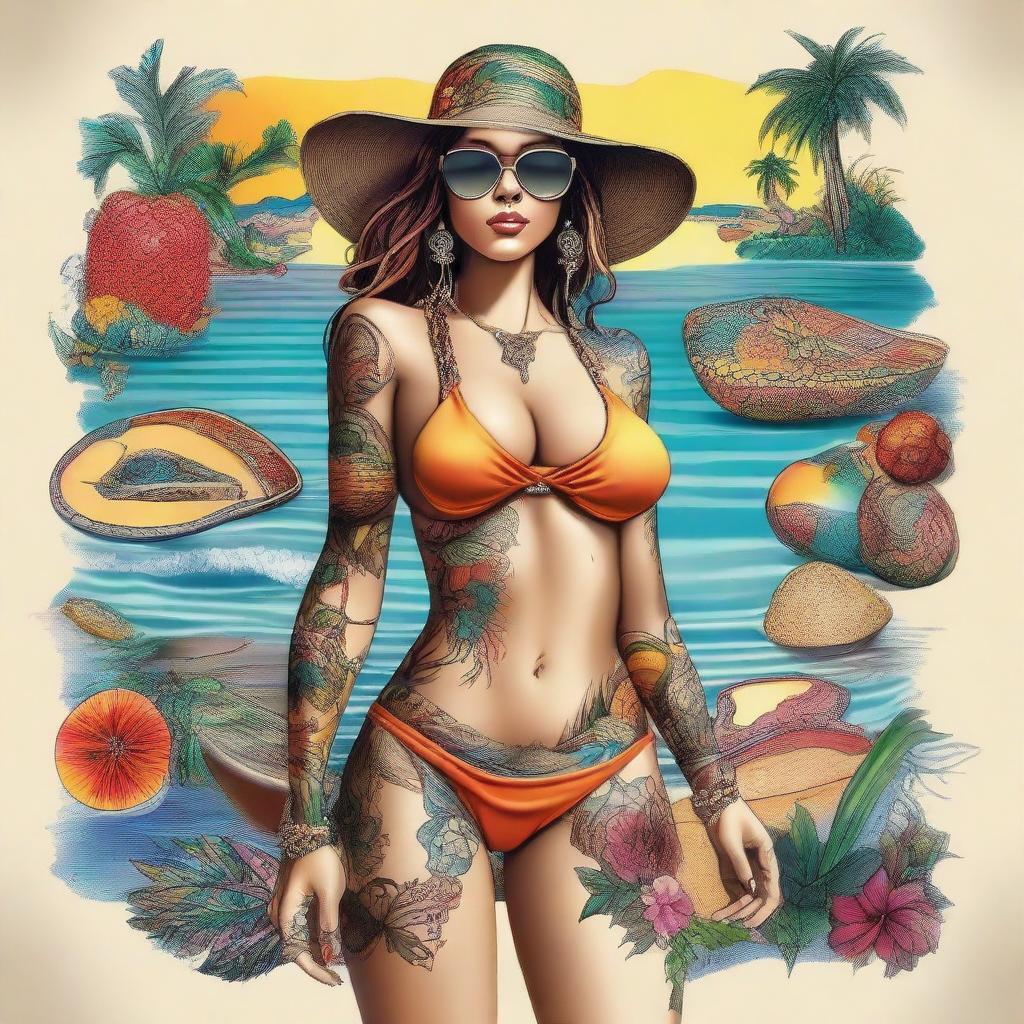 This is a high-quality digital art piece that portrays a striking woman in a bikini, adorned with seven distinct items