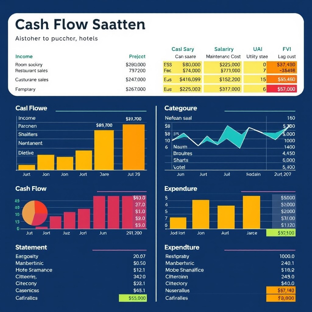 A detailed and visually engaging cash flow statement for a hotel, showcasing income sources such as room bookings, restaurant sales, and event hosting, along with expenditure categories like staff salaries, maintenance costs, and utility bills