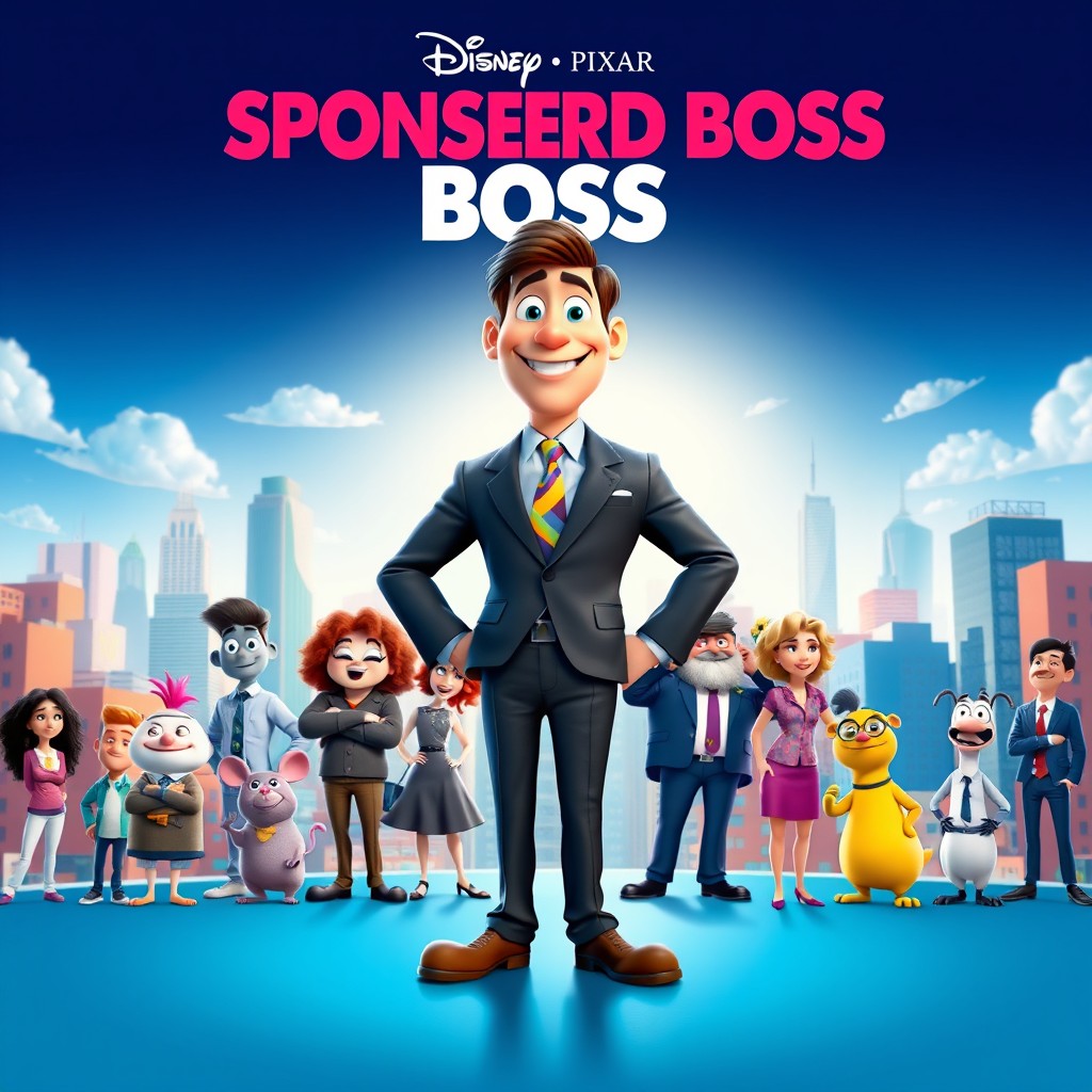 A vibrant and colorful Disney Pixar style film poster for a movie titled 'SPONSORED BOSS'